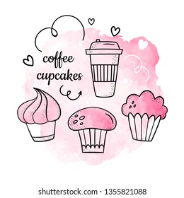 Vector illustration with cupcakes and coffee. The style of line and watercolour. Sweet pastries and hot coffee