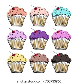 Vector illustration, cupcakes. Different tastes. Print, poster, postcard, stickers.