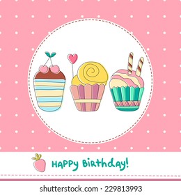 Vector illustration of cupcakes on blue polka-dot background. Vintage birthday card. 