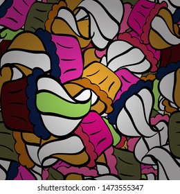 Vector illustration. Cupcakes seamless pattern with watercolor on white, black and brown background. Hand drawn doodle illustration with pastry. Sweets background design.