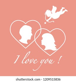Vector illustration with cupid archery and a couple in love. Happy Valentine's Day. Design for party card, banner, poster or print.