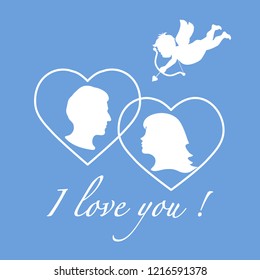Vector illustration with cupid archery and a couple in love. Happy Valentine's Day. Design for party card, banner, poster or print.