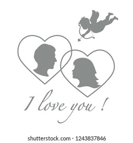 Vector illustration with cupid archery and a couple in love. Happy Valentine's Day. Design for party card, banner, poster or print.