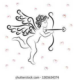 Vector illustration of cupid with bow and arrow in the form of heart. Figure black line on a white background. St. Valentine's Day. Love. Wedding. Image for your decor and design. Tattoo.