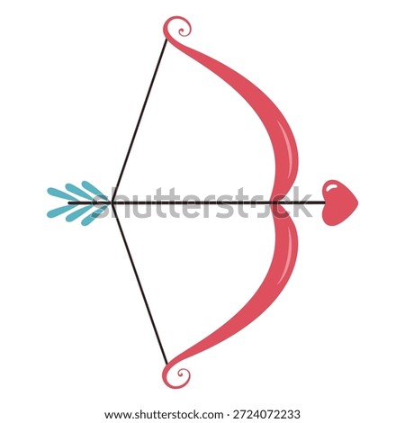 Vector illustration of a Cupid bow with arrow and heart tip. Romantic flat design for Valentines Day, love symbol and romantic relationship concept, isolated on white background.
