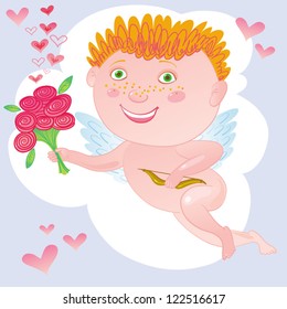 Vector Illustration With Cupid And Bunch Of Flowers.