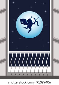 Vector illustration of Cupid flying in the sky and taking aim on night scene background for Valentines Day.