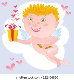 Vector Illustration With Cupid And Gift.