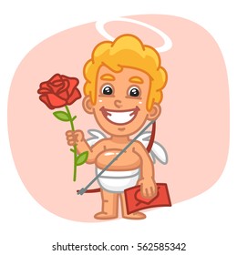 Vector Illustration, Cupid Holding Valentine Card and Large Rose, Format EPS 8