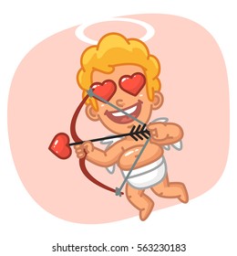 Vector Illustration, Cupid with Loving Eyes Flies and Shoots Bow, Format EPS 8