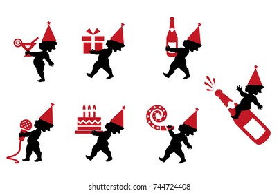 Vector illustration of cupid on the party or New Year's Eve. Icons set Birthday and Celebration.