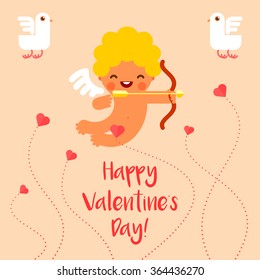 Vector illustration cupid and pigeons. Greeting card for Valentines day.