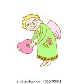 Vector illustration Cupid with pink heart in hands. Card for saint Valentine's Day. Symbol of love