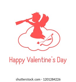 Vector illustration with cupid sits on a cloud and looks into a telescope, near the bow and arrow. Love symbol. Design for banner, poster or print.