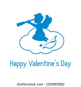Vector illustration with cupid sits on a cloud and looks into a telescope, near the bow and arrow. Love symbol. Design for banner, poster or print.