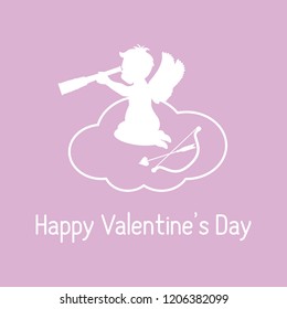 Vector illustration with cupid sits on a cloud and looks into a telescope, near the bow and arrow. Love symbol. Design for banner, poster or print.