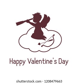 Vector illustration with cupid sits on a cloud and looks into a telescope, near the bow and arrow. Love symbol. Design for banner, poster or print.