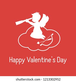 Vector illustration with cupid sits on a cloud and looks into a telescope, near the bow and arrow. Love symbol. Design for banner, poster or print.