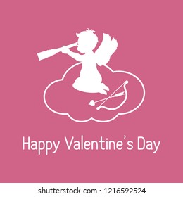 Vector illustration with cupid sits on a cloud and looks into a telescope, near the bow and arrow. Love symbol. Design for banner, poster or print.