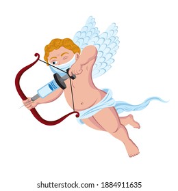 Vector illustration of Cupid wearing a face mask and using a vaccination needle instead of an arrow