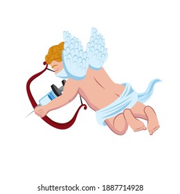 Vector illustration of Cupid wearing a face mask with a bow and vaccination needle