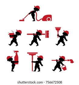 Vector illustration of cupido cleaning staff with tools. Icons set of cleaner professional masters with rags, cloths, bucket, vacuum cleaner, squeegee and other cleaning supplies tools.