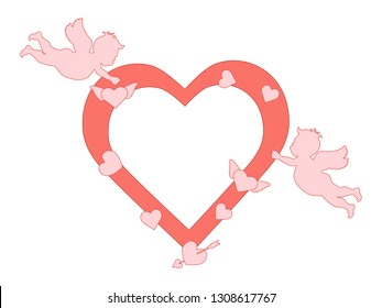 Vector illustration with  cupids, hearts, arrow. Happy Valentine's Day, birthday, wedding romantic background. Design for party card, banner, poster or print.