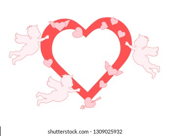 Vector illustration with  cupids, hearts, arrow. Happy Valentine's Day, birthday, wedding romantic background. Design for party card, banner, poster or print.