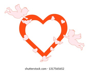 Vector illustration with  cupids, hearts, arrow. Happy Valentine's Day, birthday, wedding romantic background. Design for party card, banner, poster or print.
