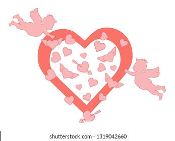 Vector illustration with  cupids, hearts, arrow. Happy Valentine's Day, birthday, wedding romantic background. Design for party card, banner, poster or print.
