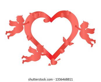 Vector illustration with  cupids, hearts, arrow. Happy Valentine's Day, birthday, wedding romantic background. Design for party card, banner, poster or print.