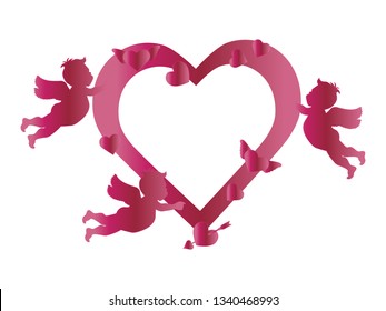 Vector illustration with  cupids, hearts, arrow. Happy Valentine's Day, birthday, wedding romantic background. Design for party card, banner, poster or print.