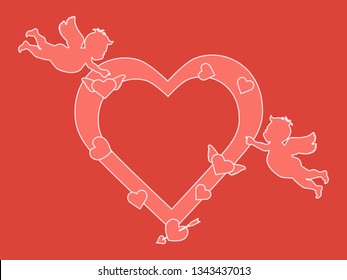 Vector illustration with  cupids, hearts, arrow. Happy Valentine's Day, birthday, wedding romantic background. Design for party card, banner, poster or print.