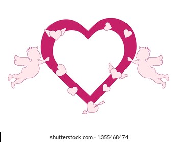 Vector illustration with  cupids, hearts, arrow. Happy Valentine's Day, birthday, wedding romantic background. Design for party card, banner, poster or print.
