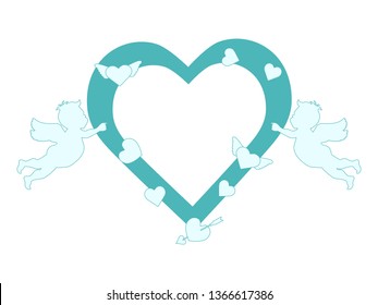 Vector illustration with  cupids, hearts, arrow. Happy Valentine's Day, birthday, wedding romantic background. Design for party card, banner, poster or print.
