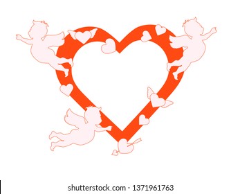 Vector illustration with  cupids, hearts, arrow. Happy Valentine's Day, birthday, wedding romantic background. Design for party card, banner, poster or print.