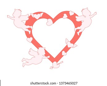 Vector illustration with  cupids, hearts, arrow. Happy Valentine's Day, birthday, wedding romantic background. Design for party card, banner, poster or print.