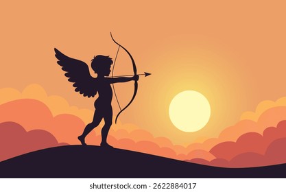 Ilustração vetorial da silhueta do Cupido apontando uma seta ao pôr do sol com um lugar para copiar