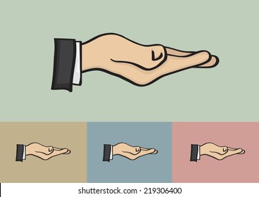 Vector illustration of a cupped hand with palm up gesture of a businessperson on different color background