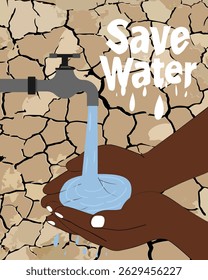 Vector illustration of cupped hands collecting water from a tap over cracked earth with Save Water message. Water conservation and drought awareness concept.