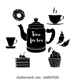 Vector illustration with cups, cake, cupcake, donut, croissants, tea pot. Hand drawn drinks and dessert with a phrase Time for tea.