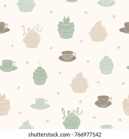 Vector illustration. Cups and cakes seamless pattern. Paper background. Fabric print.
