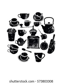  Vector  illustration: cups, coffee grinder, turk, kettle, spoon, coffee scoop. Grunge silhouettes of coffee elements. 