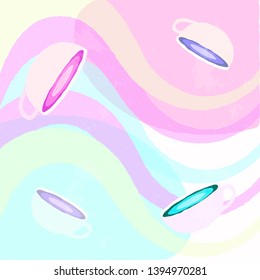 Vector illustration cups of coffee or tea different colors with abstract print on background. Light color flat design of coffee-to-go for mobile app, web page, article, t-shirts and decorative print.