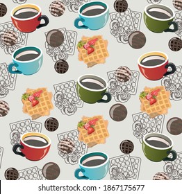 Ilustración vectorial con tazas de café y gofres en el fondo gris 