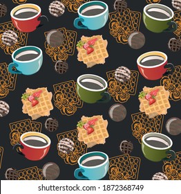 Vector illustration with cups of coffee and waffles on the dark grey background