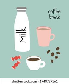 Vector illustration of a cups with espresso and cappuccino, milk bottle and coffee beans.