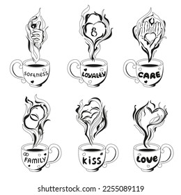 Vector illustration of cups with inscriptions and steam. Image of cups on the theme of love. A set of cups in doodle style