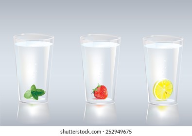 Vector illustration of cups of milk with strawberries and cherries