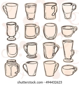 Vector illustration of cups, mugs and glasses with hand painted watercolor spot background. Collection for poster or postcard on white background.